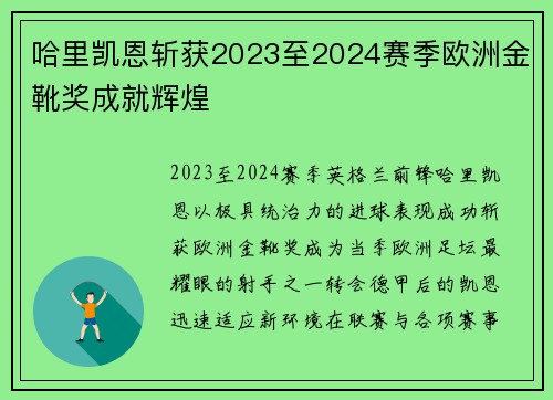 哈里凯恩斩获2023至2024赛季欧洲金靴奖成就辉煌